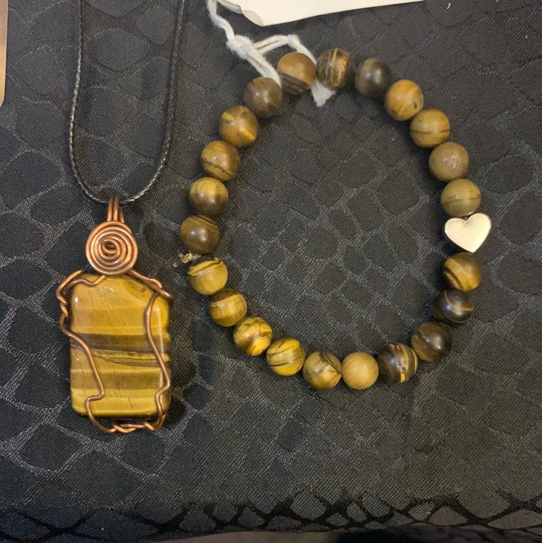 Tiger Eye Copper Wrapped Necklace and Heart Tiger Eye Bracelet