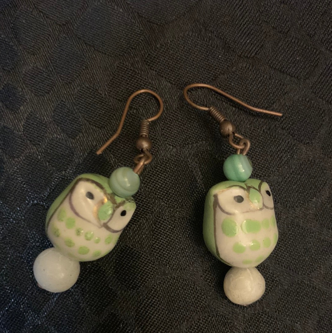 Owl  Lite Green White  Earrings Jade