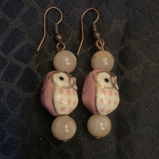 Owl Pink  Quartz Earrings