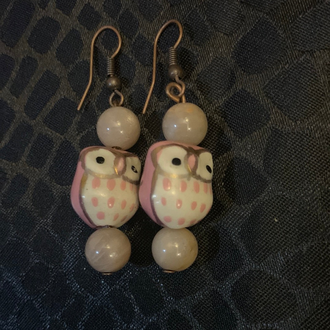 Owl Pink  Quartz Earrings