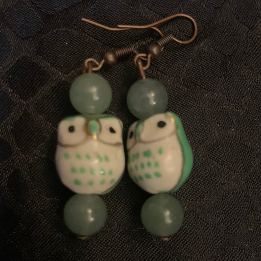 Green Aventurine Owl Earrings