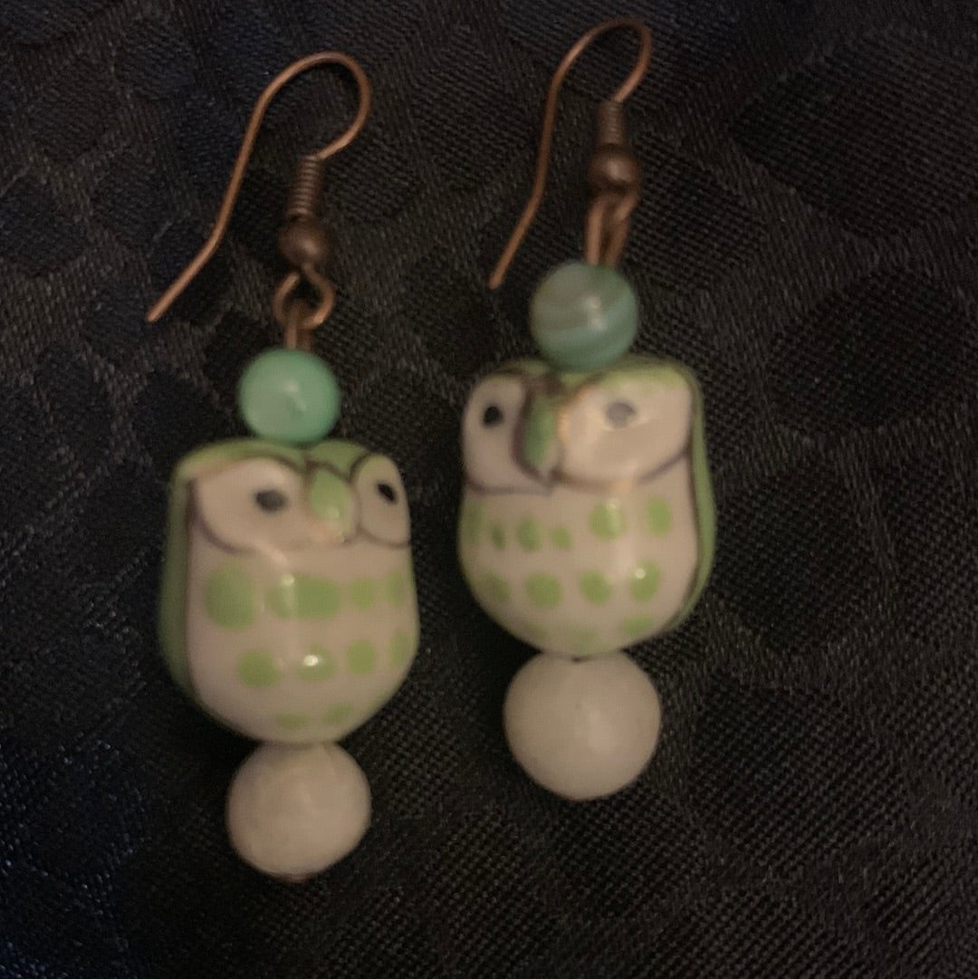 Owl  Lite Green White  Earrings Jade