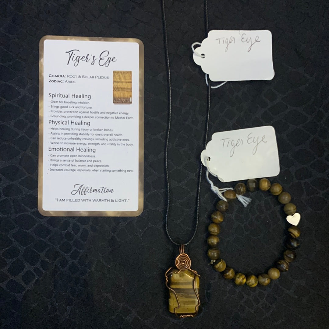 Tiger Eye Copper Wrapped Necklace and Heart Tiger Eye Bracelet
